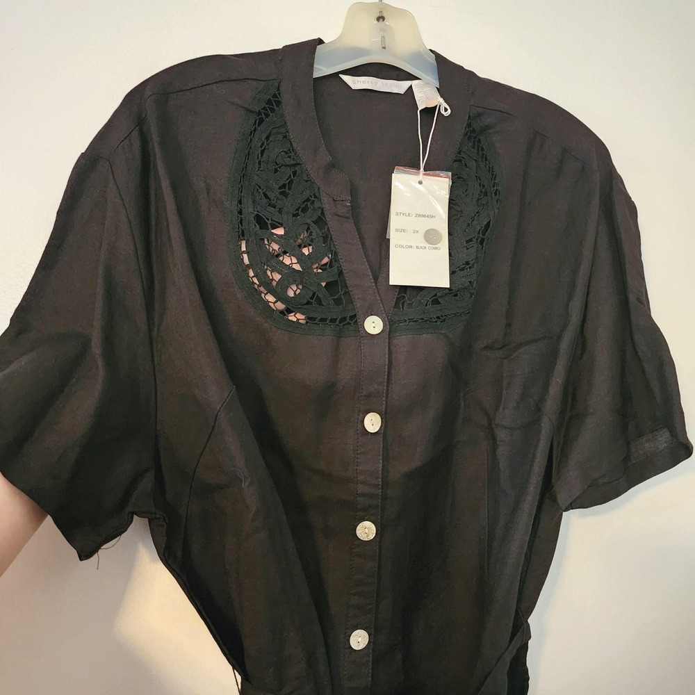 Sherry Taylor Black Lace Neck Tie Waist Button Up Blouse Womens 2X Z89645H NEW